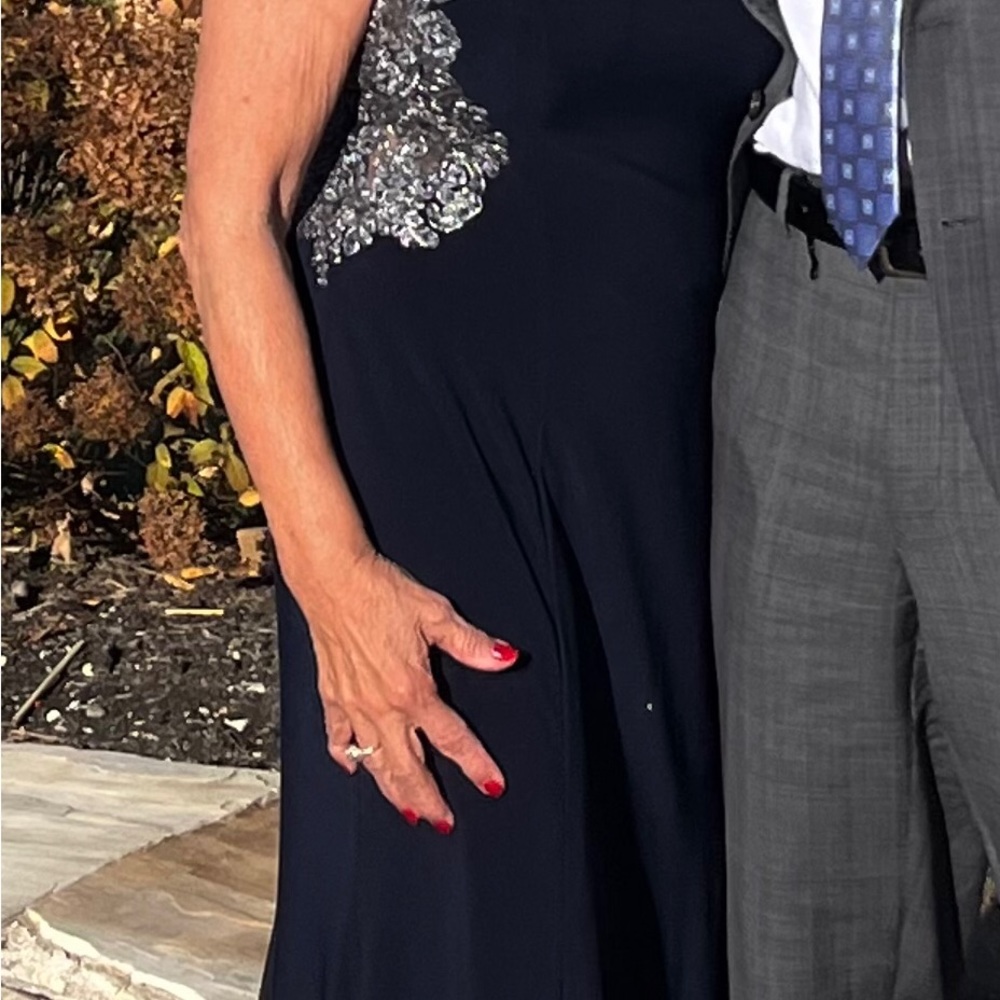 X scape formal dress with silver lace. It has a slit up the side.